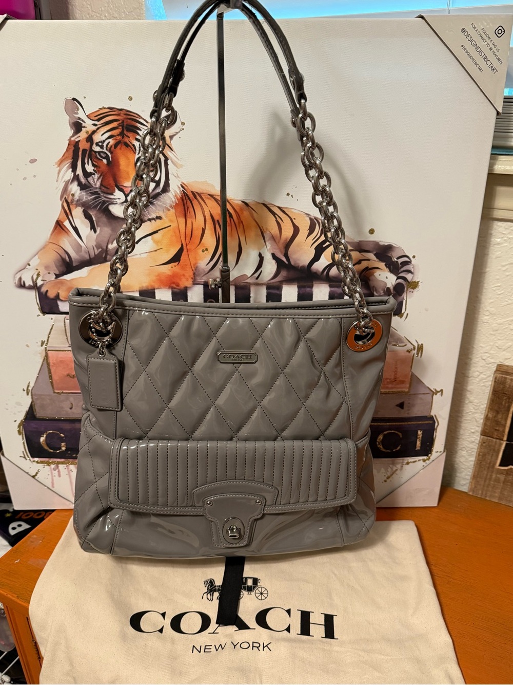 COACH Poppy Liquid Gloss Quilted Leather Bag in Gray